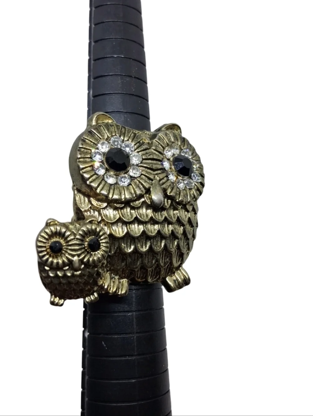Vintage Owl Mother & Baby Statement Stretch Ring - Gold Tone Rhinestone